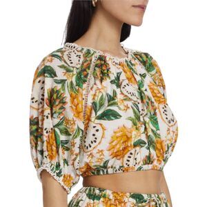NWT Farm Rio Biriba Cropped Top Small Tropical Fruit Print Puff Sleeve Boho $140